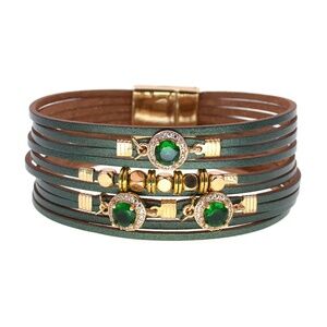 NWT Green & Gold Leather Bracelet with Crystal Accents